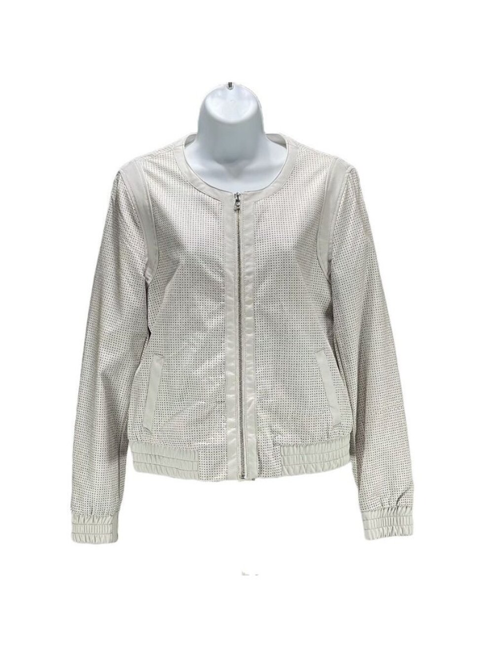 Bagatelle Size Small Ivory Perforated Bomber Jacket With Ribbed Cuffs & Hem Poly